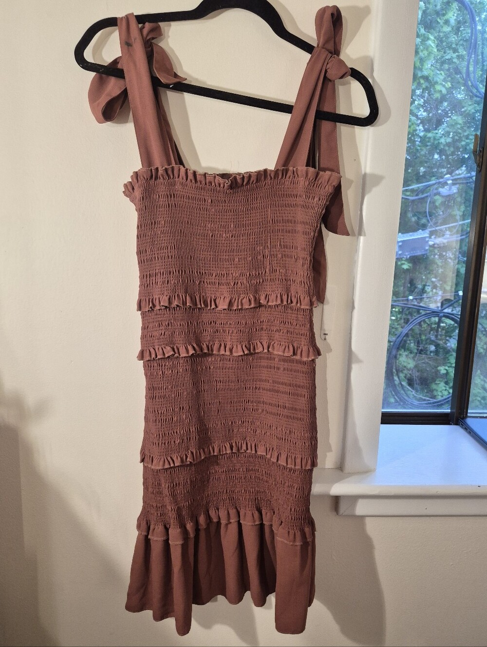 Mauve Smocked Tie-Shoulder Midi Dress